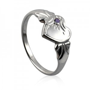 Stirling Silver February Birthstone Single Heart Signet Ring with Amethyst Cz